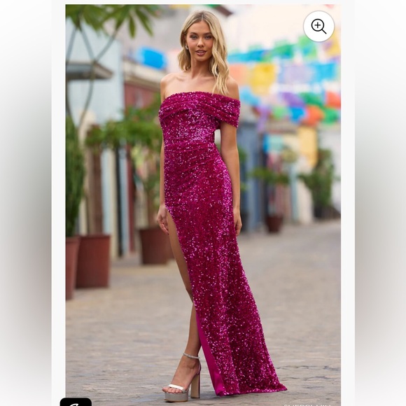NWT Sherri Hill Fuchsia Sequins Gown Size 0 One Shoulder High Slit - Picture 2 of 15